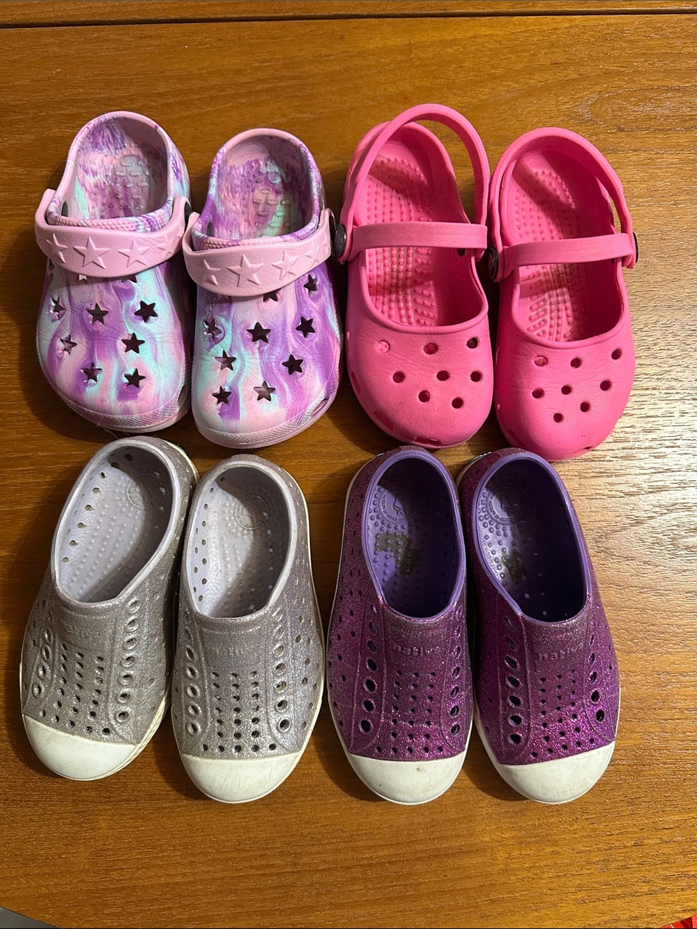 Native Kids light Purple (8T), dark purple (9T); Crocs pink & star clogs (8-9T)